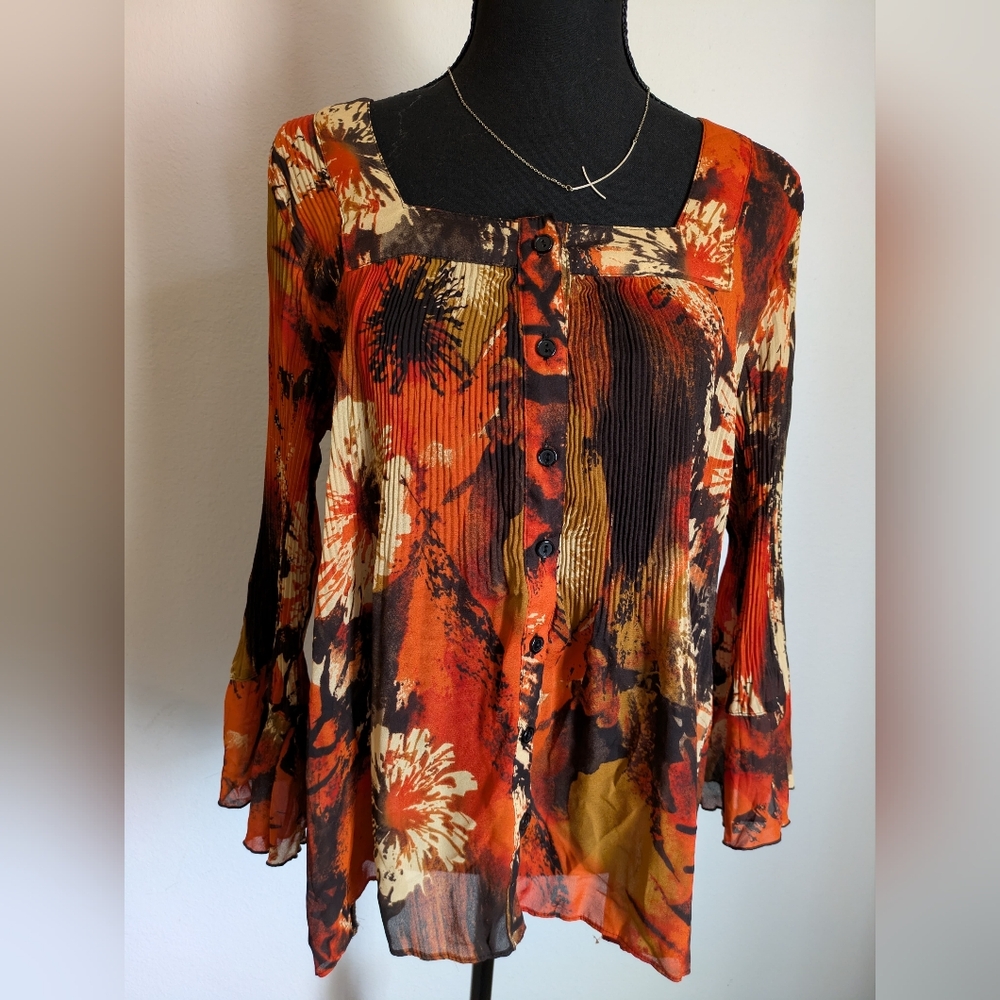 Serenade New York Pleated Floral Blouse Large Orange Brown Boho Bell Sleeve Top